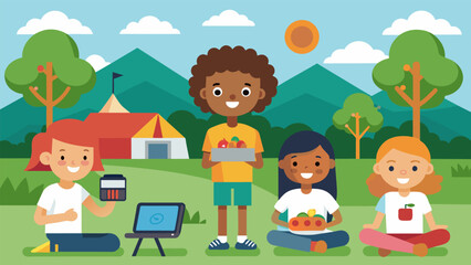 Fototapeta premium A summer camp offers a digital storytelling program for kids to create videos about food insecurity and promote solutions to end hunger in their. Vector illustration