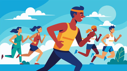As they pass other runners with ease a marathon runner revels in the feeling of being unstoppable thanks to the powerful effects of the runners high.. Vector illustration