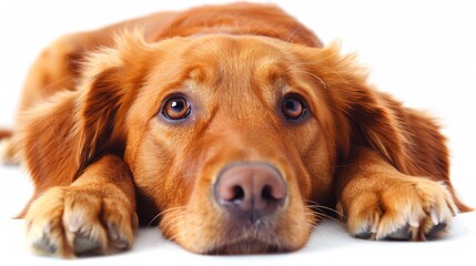   A tight shot of a dog resting, with its chin on the ground and paws outstretched beneath it