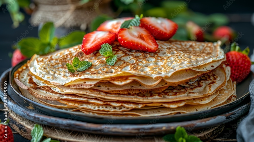 Aufkleber plate of homemade pancakes with generous open space on the left for customizable text caption