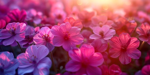 Field of Pink and Purple Flowers With Sun Background