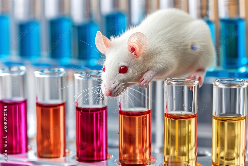 Poster white laboratory mouse on table in bio lab with copy space, blurred background for text placement