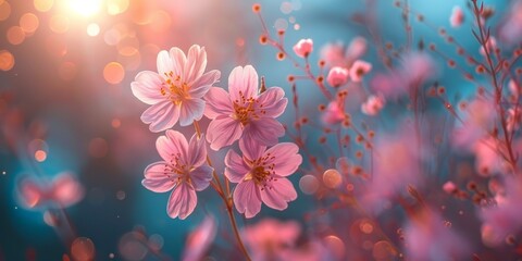 Fototapeta premium Pink Flowers Scattered in Grass