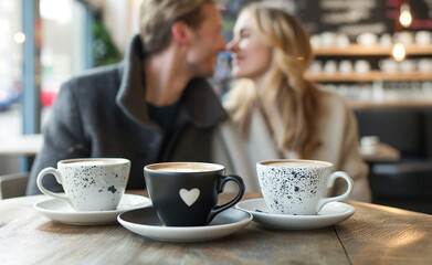 Two cups of coffee and in the background blurry for people.. Couple on a coffee date in a trendy urban café.