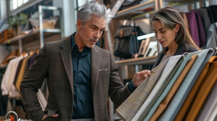 Obraz premium Fashion tailor selects fabric from a variety of samples for new collection of mens suits