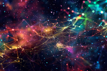 A cosmic scene of digital communication, with colorful lines weaving through space to connect nodes.