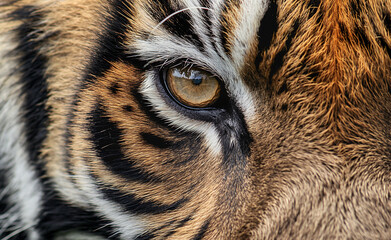 Tiger’s face, focusing on the eye to reveal the intensity and depth of its gaze. 