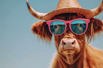 A Quirky Highland Cow Lounges Under the Sun, Sporting a Straw Hat and Vibrant Pink Glasses, Exuding a Laid-Back Summer Vibe