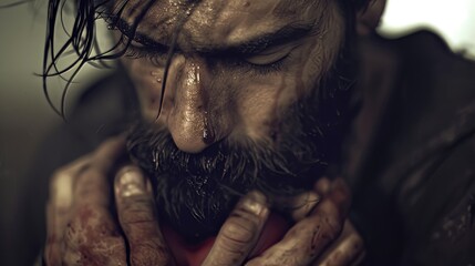 Heartbroken man holding a red heart, emotional concept of love failure and relationship issues