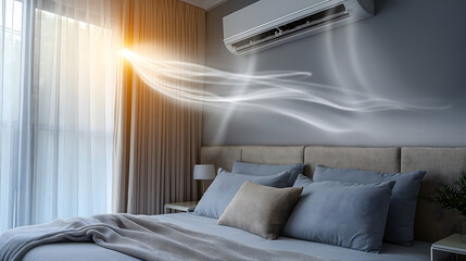 Air conditioner in bedroom providing cool air with sunlight streaming through window