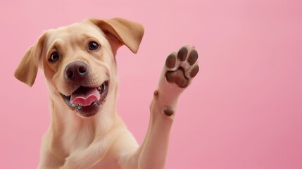 Delightful Labrador Puppy Happily Raising Its Paw in a Waving Gesture, Set Against a Soft Pink...