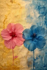 Two Flowers Painting on Yellow and Blue Background