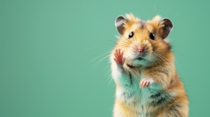 Close-up Portrait of a Delightful Golden Hamster Waving with a Tiny Paw, Set Against a Soft Green...