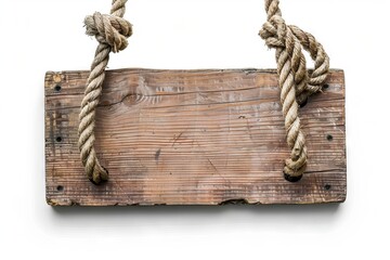 A wooden sign hanging from a rope.