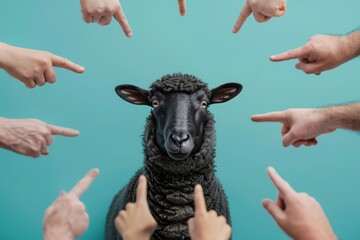 Black sheep surrounded by pointing fingers