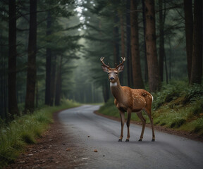 A Deer in the Dark Forest, deer walk in forest, deer in the forest road, deer, forest