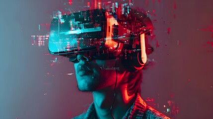 Man is using virtual reality headset. Image with glitc .Generative AI