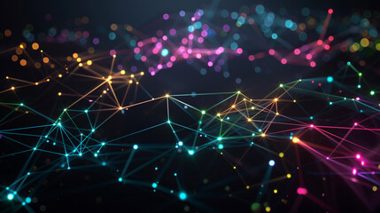 A glowing digital constellation connected by colorful lines in a dark virtual environment.