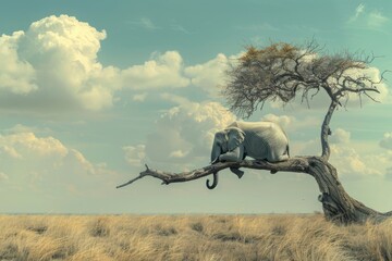 Elephant resting atop a solitary tree