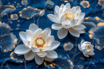 3d rendering of white lotus flowers on blue background with gold pattern. Floral background.