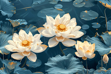 Seamless pattern with white lotus on blue water background. Template design for textiles, interior, wallpaper. Botanical art.