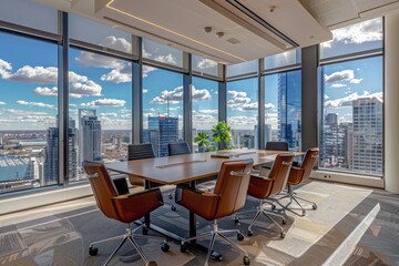 Bright boardroom with cityscape view
