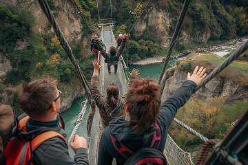 group of friends on thrill-seeking bungee jump