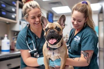 Veterinarians caring for a happy dog