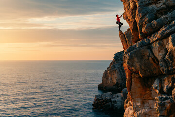 solo adventurer climbing a rocky cliff with determination