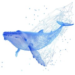 digital blue whale lines intertwined networks, data visualization, white background