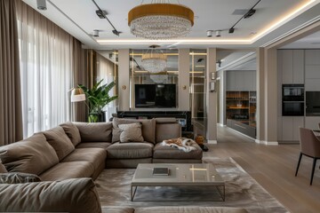 large room in a modern apartment, pastel tones, neoclassical