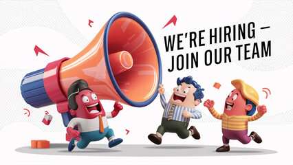 Dynamic Team Recruitment Illustration: Cartoon Workers Joyfully Running with a Giant Megaphone in "We're Hiring - Join Our Team" Campaign, Ideal for Creative Industries