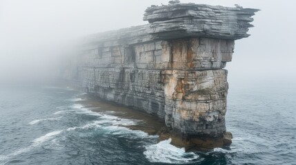   A large cliff juts out of the misty body of water on a foggy day