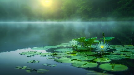 Naklejka premium small white flower middle lake green princess flowers powerful zen composition radiate connection light ground fog loss inner self bottom early dawn yuan lilies details calm waves paddle