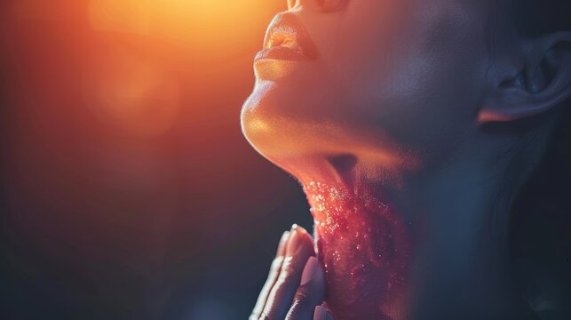 Woman holding throat due to soreness, tonsil lesion, arvi, symptoms of throat disease
