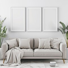 white picture frames mockup in a modern living room, contemporary