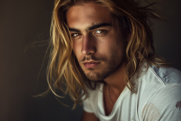 Close-up portrait of a very handsome young man with brown eyes, long blond hair, and a short beard, wearing a white shirt - copy space, isolated, dark background