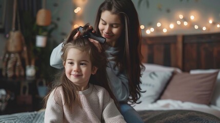 Fototapeta premium Giovane madre amorevole che spazzola i capelli lunghi della graziosa figlia seduta sul letto in un'accogliente camera da letto