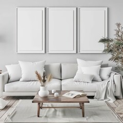 white picture frames mockup in a modern living room, contemporary