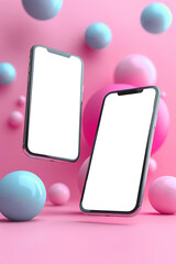Closeup of two smartphones with blank screens flying mockup on pink background with abstract 3d balls. Smartphones levitation in the air. Business infographic mockup of web site or design app.