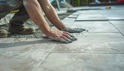 Close up on the hands and tools of an expert workman laying patio slabs in garden makeover