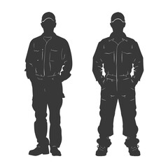 Fototapeta premium Silhouette Man Workers wearing jumpsuit black color only