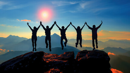 Four people in silhouette against a sunset in the mountains jumping up in the air in a sign of success and achievement
