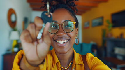 Happy excited millennial Black woman getting keys from new home