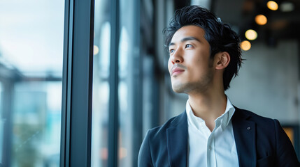 Japanese businessman looking out window in modern office, pensive thoughtful entrepreneur startup, visualizing success