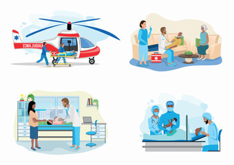 Set of vector illustrations of doctor and patient. Transporting a patient by helicopter, paramedics provide assistance to the patient, Partner childbirth, pediatrician examines the child.