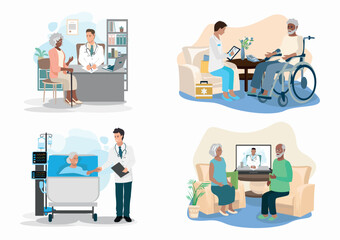 A doctor provides medical care to an elderly patient at home. Call an ambulance to your home. Thank you to the doctors and nurses for saving lives. Set of vector illustration.