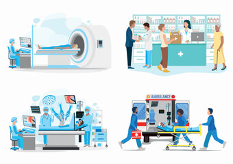 Set of vector illustrations of doctor and patient. Paramedics provide patient care, MRI examination, robotic surgery, pharmacy shoppers, life saving. Thanks to the doctors and nurses.