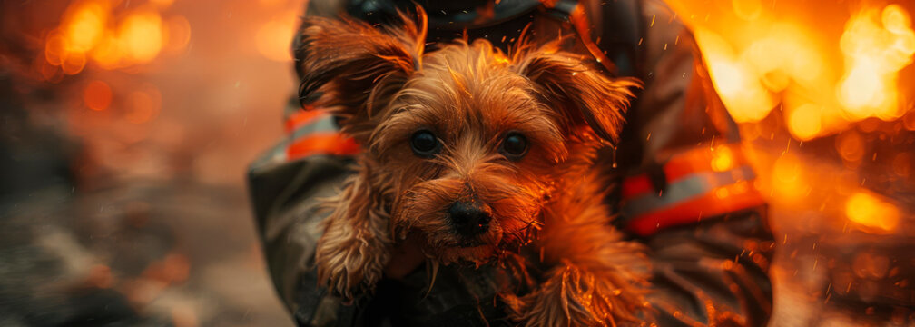 a firefighter carrying a pet out of a burning building, emphasizing the importance of pet fire safety on National Pet Fire Safety Day