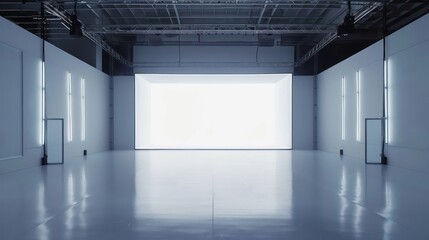 large screen built into middle of white studio